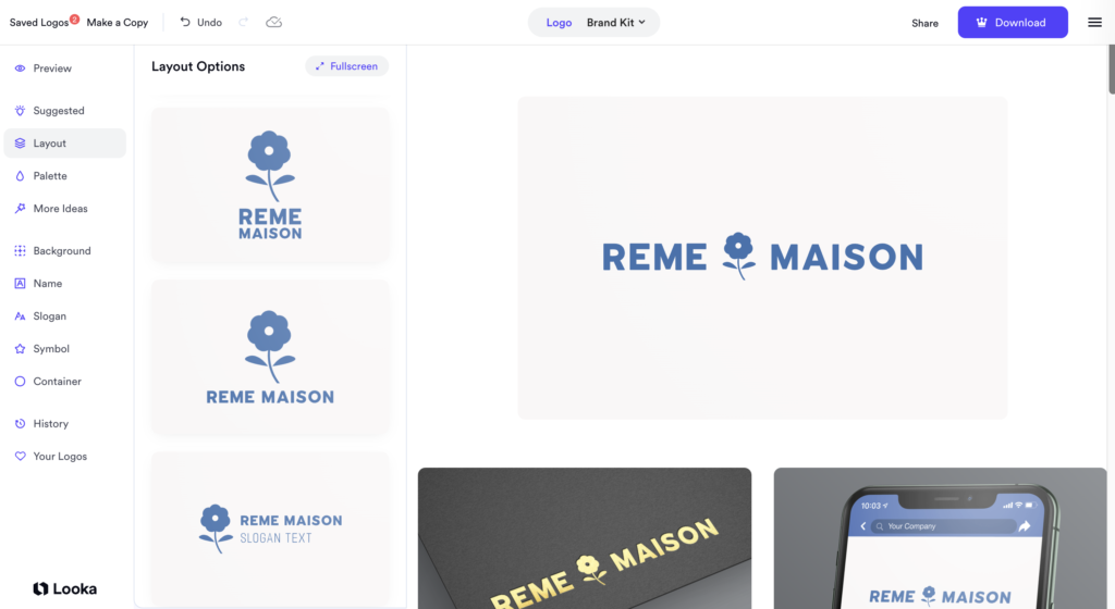 Looka 生成的 Reme Maison logo 範例一