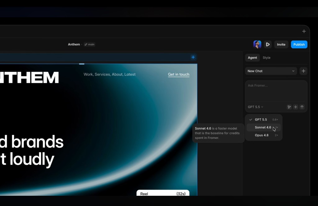 Framer 3.0 Agents panel model switcher, with GPT 5.5, Sonnet 4.6, and Opus 4.8 options