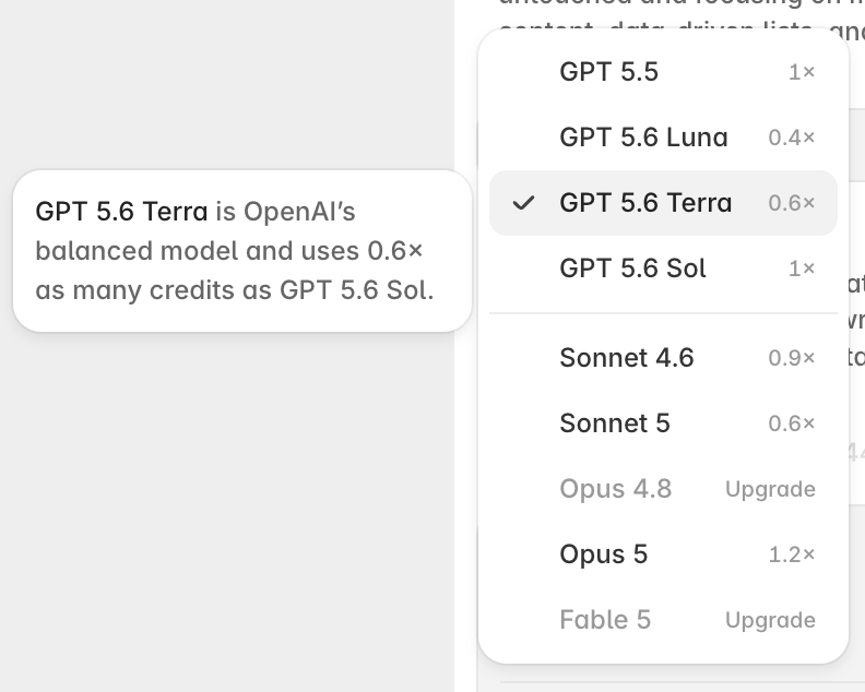 Framer Agent 的模型切換選單,目前選中 GPT 5.6 Terra,清單同時列出 GPT 5.5、Sonnet 5、Opus 5 等模型與各自的 credit 倍率