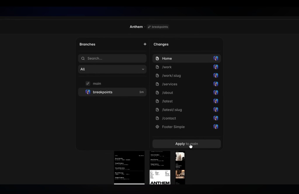Framer 3.0 Branching panel, showing main and breakpoints branches on the left and changed pages with an Apply to main button on the right
